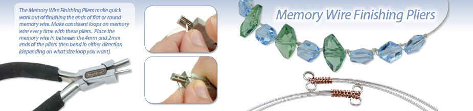 A promotional image for Memory Wire Finishing Pliers, showing the tool, two close-up photos of it being used, and examples of finished wire loops.